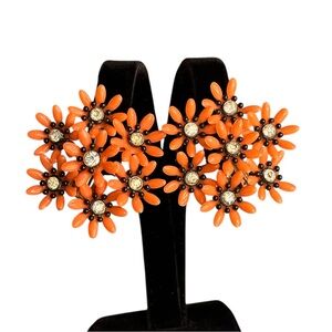 Vintage 50s Celluloid Plastic Orange Flower Rhinestone Clip On Earrings